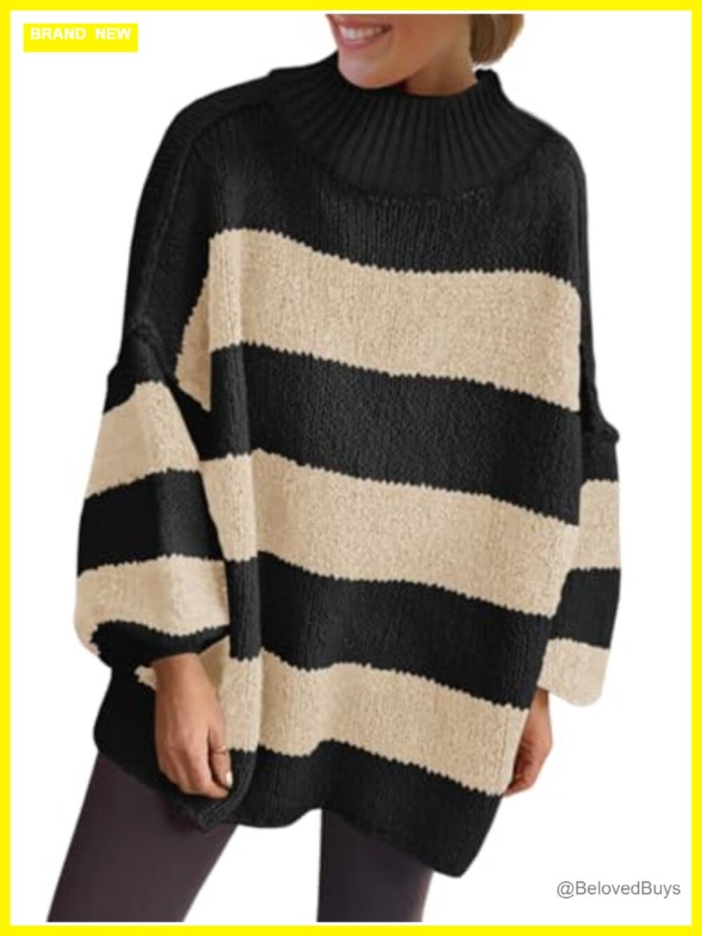 Oversized Striped Mock Neck Chunky Knit Sweater Pullover